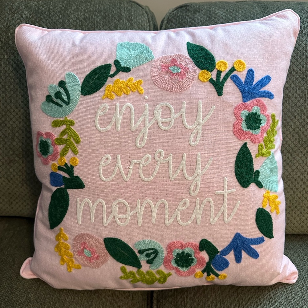 Marlo Lorenz Decorative Pink Throw Pillow Embroidered Floral Enjoy Every Moment